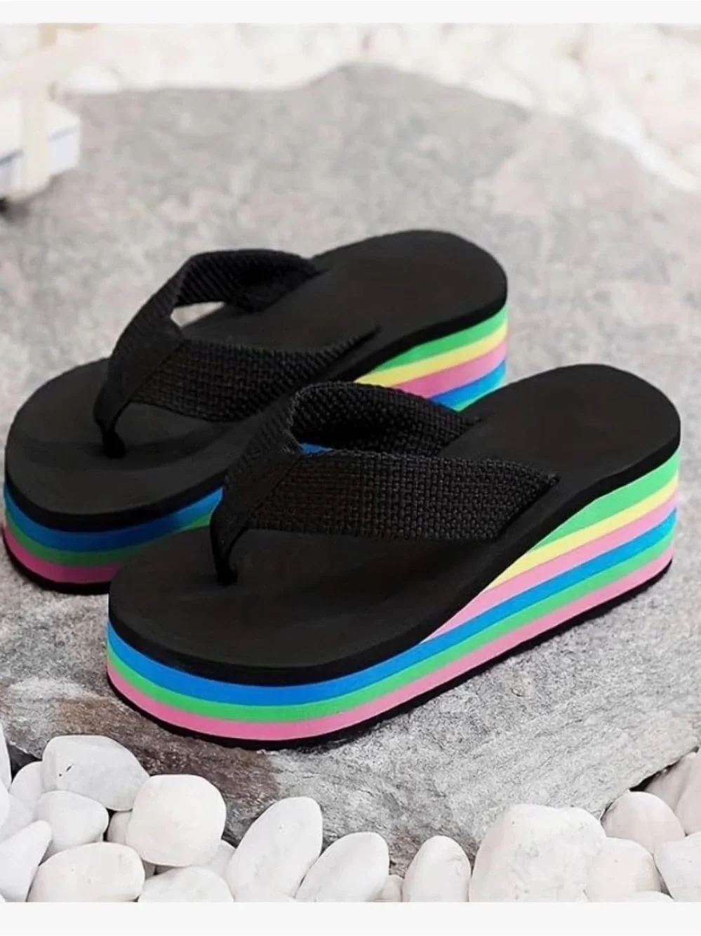 🩷. 9092. Black Platform Flip Flops with Rainbow Striped Sole